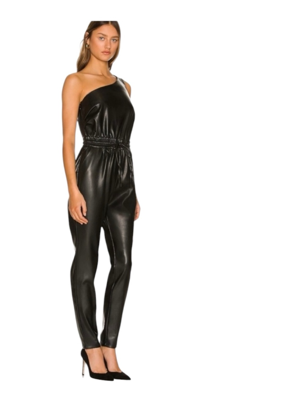 Forever 21 One-Shoulder Black Faux Leather Jumpsuit